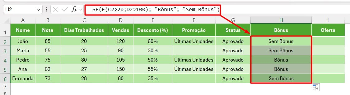 Resultado das Funções SE e E no Excel