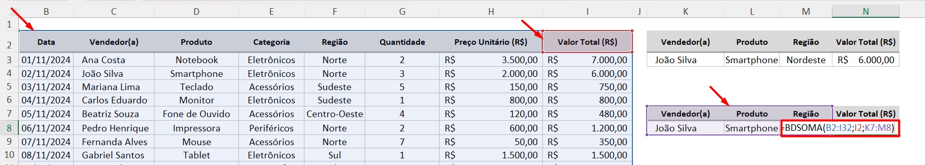 Aplicando a Função BDSOMA no Excel