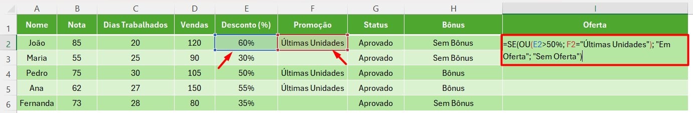 Aplicando a Função SE e OU no Excel