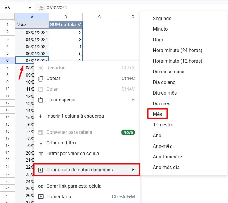 Configurando o Agrupamento de Dados na Tabela Dinâmica do Google Sheets