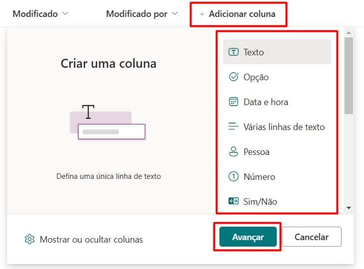 Opções de Adicionar Colunas na Biblioteca do SharePoint