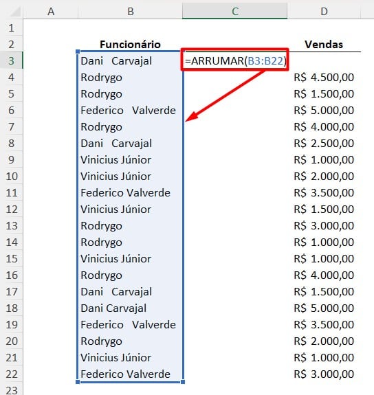 Usando a Função ARRUMAR para Corrigir Nomes no Excel