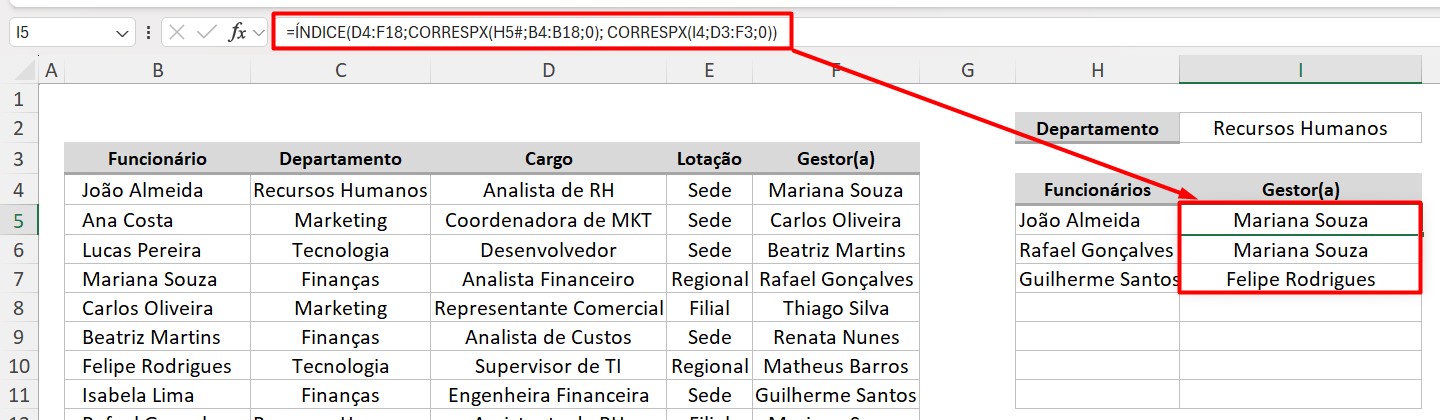 Função CORRESPX com Linhas e Colunas no Excel