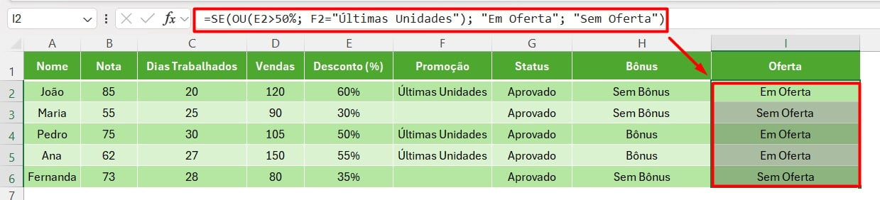 Resultado das Funções SE e OU no Excel