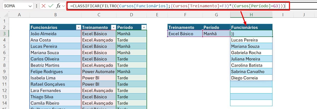 Incluindo a Função CLASSIFICAR na Função FILTRO do Excel