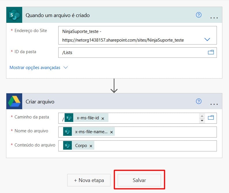 Salvando a Configuração do Fluxo no Power Automate