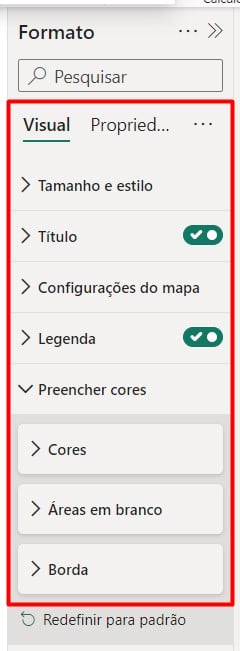 Opções de Configurações do Mapa de Formas no Power BI