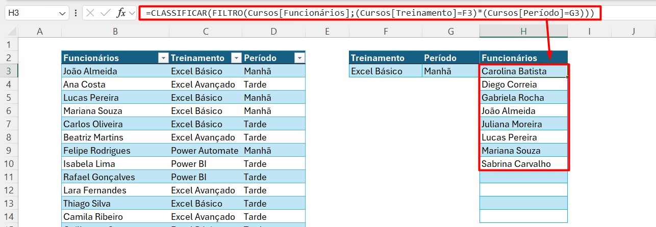 Resultado da Função CLASSIFICAR na Função FILTRO do Excel