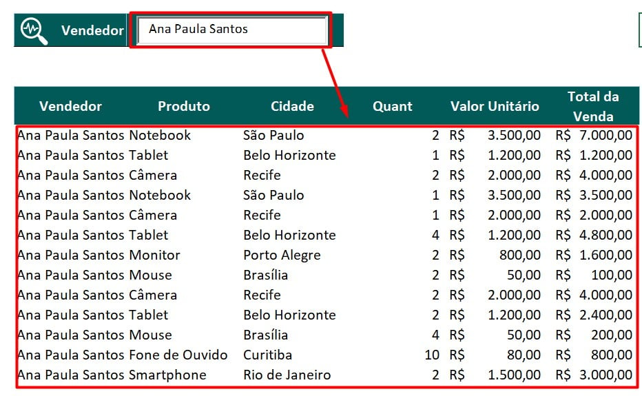 Resultado da Função FILTRO com a Barra de Pesquisa no Excel