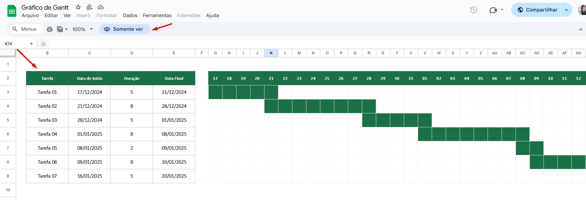 Gráfico de Gantt no Google Sheets