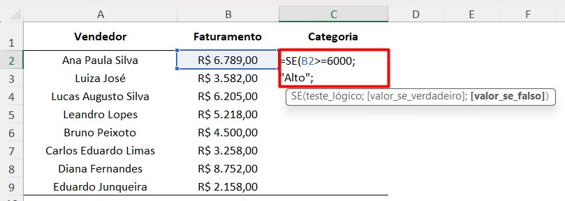 Aplicação da Função SE no Excel