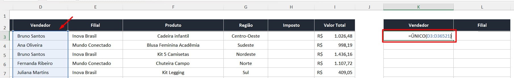 Aplicando a Função ÚNICO no Excel