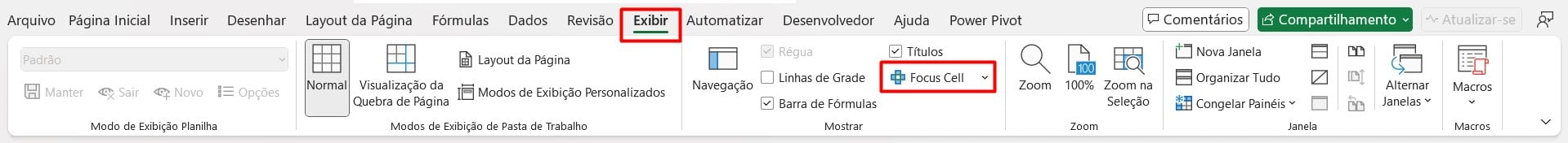 Ativando a Opção de Focus Cell no Excel