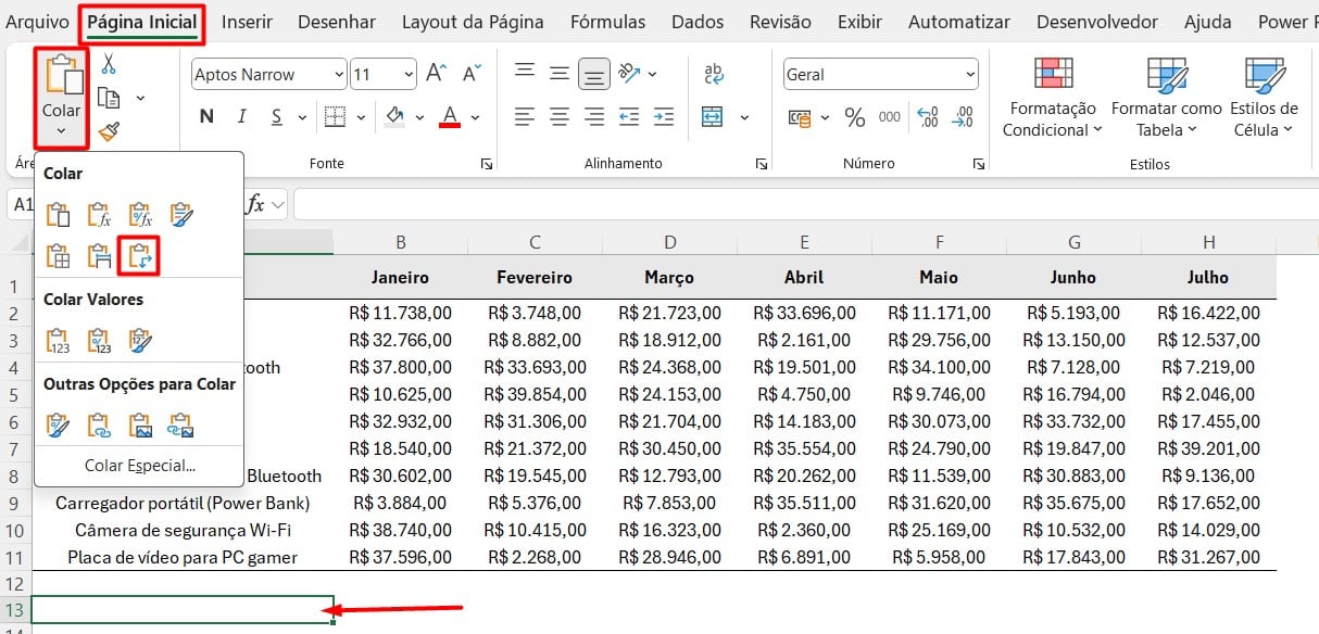 Colar Transposto no Excel