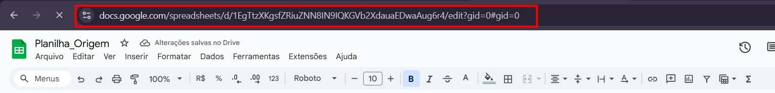 Copiando URL de Planilha de Origem no Planilhas Google