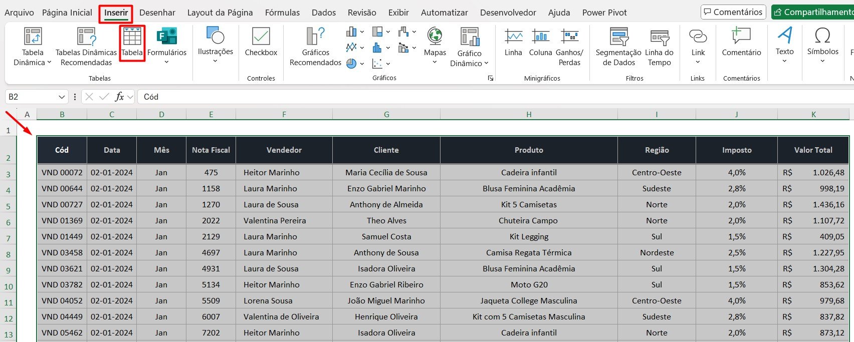 Criando Tabela no Excel