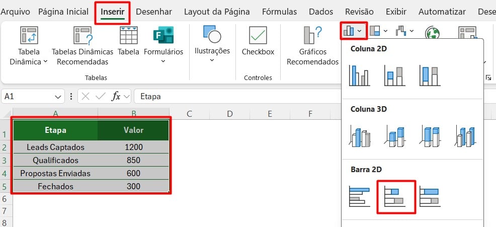 Criando o Gráfico de Funil no Excel