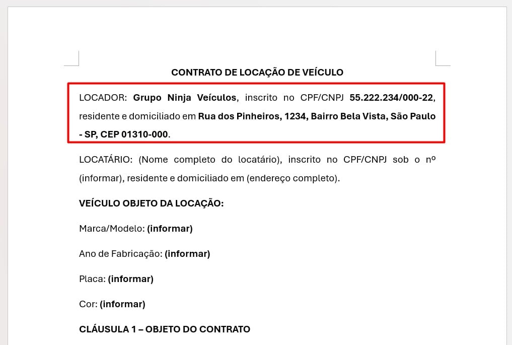 Dados da Empresa Preenchidos no Modelo de Contrato de Locação no Word