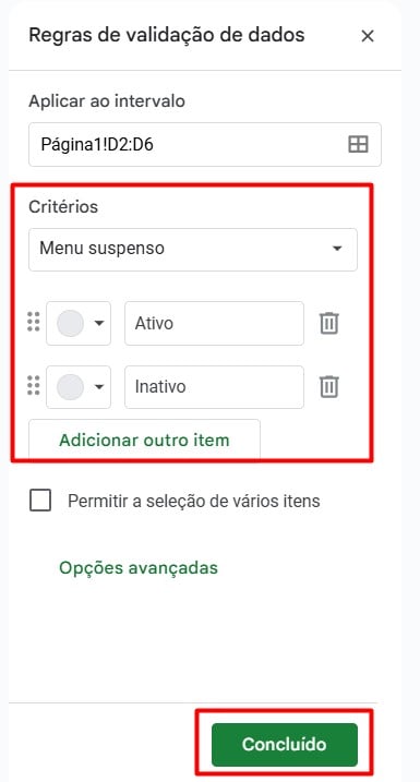 Inserindo Lista Suspensa no Google Sheets