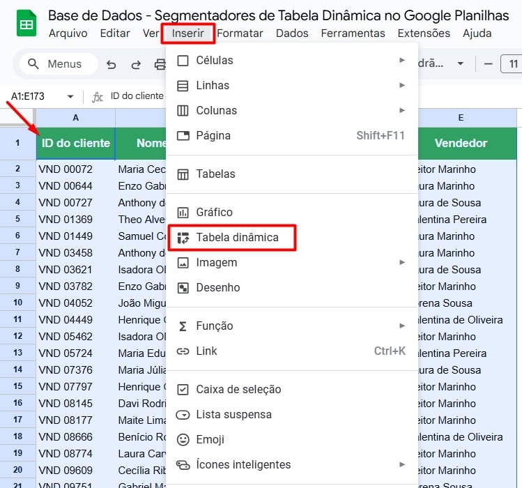 Inserindo Tabela Dinâmica no Google Planilhas