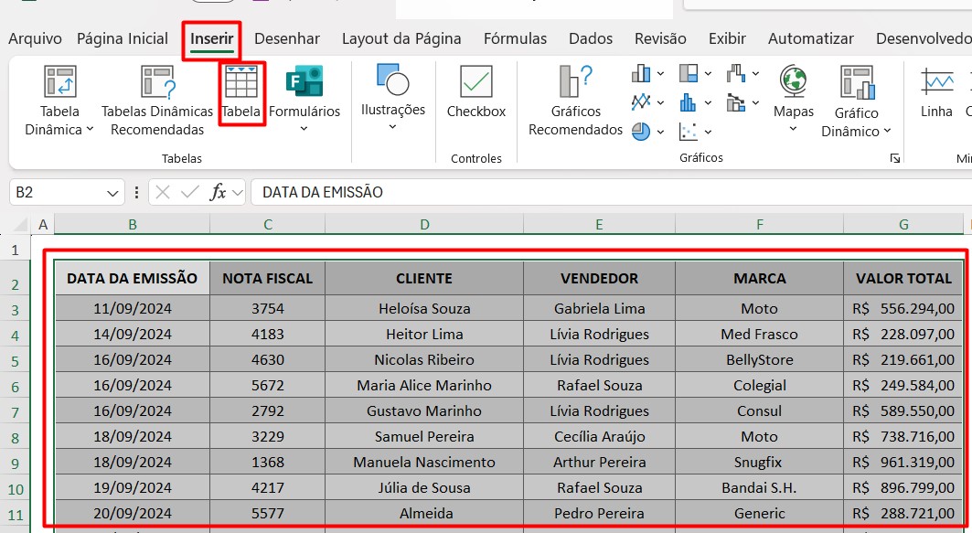 Inserindo Tabela no Excel