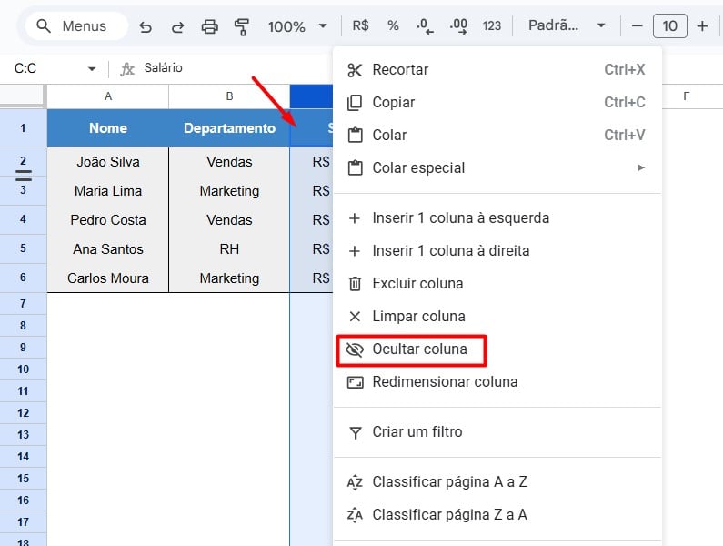 Ocultando Coluna no Planilhas Google