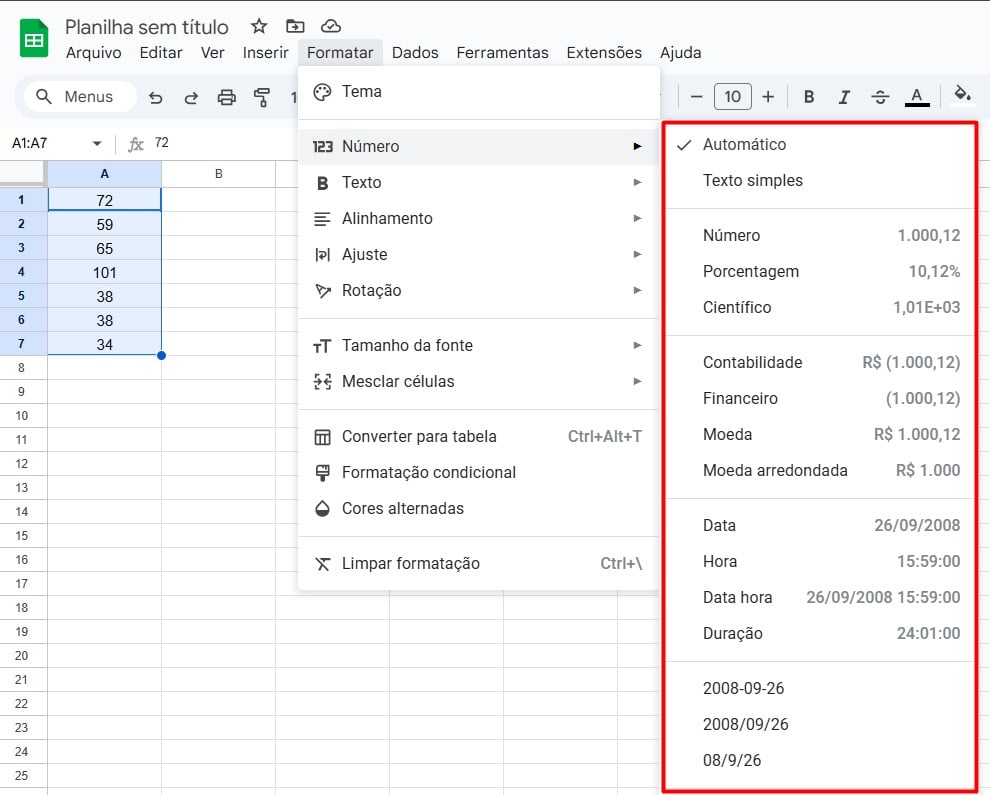 Opções de Formatação de Números no Planilhas Google