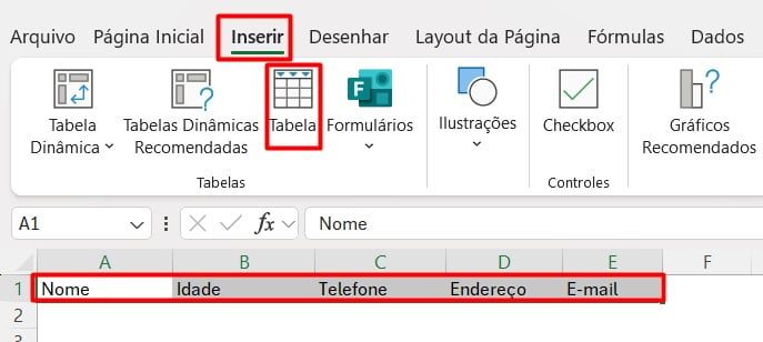 Transformando o Cabeçalho em Tabela no Excel