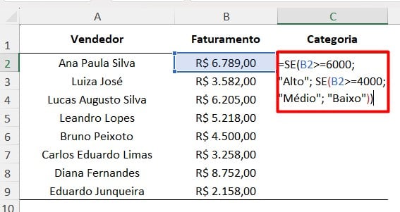 Aplicação da Função SE no Excel