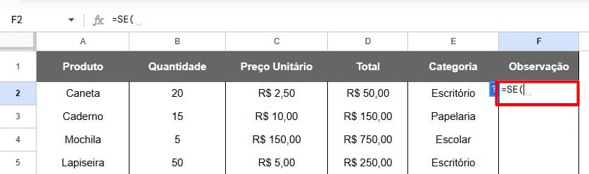 Aplicando a Função SE no Google Sheets