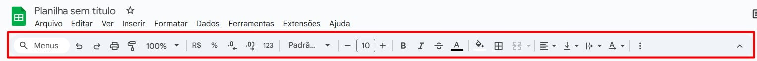 Barra de Ferramentas do Planilhas Google