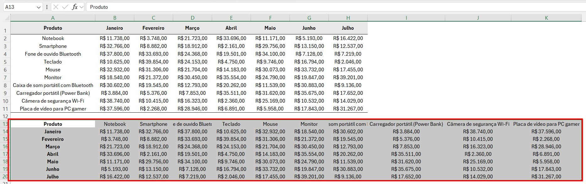 Transpor Várias Linhas em uma Coluna no Excel