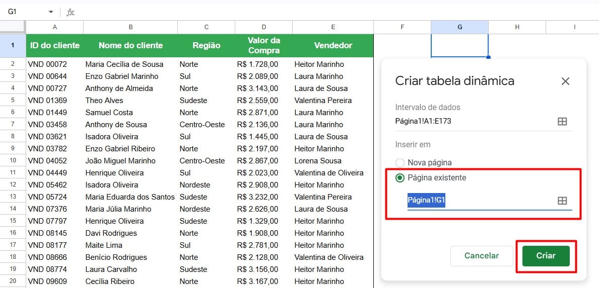 Inserindo Tabela Dinâmica no Google Planilhas