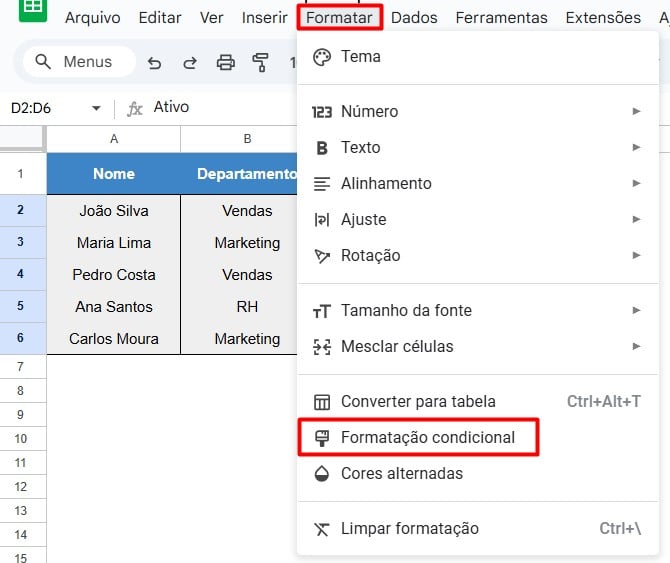 Aplicando Formatação Condicional no Google Sheets