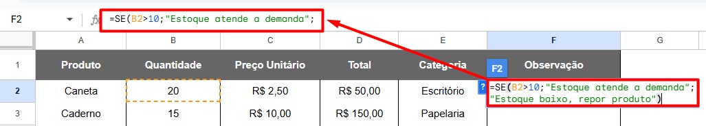 Aplicando a Função SE no Google Sheets