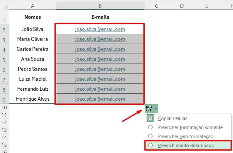 Preenchimento rápido de E-mail no Excel