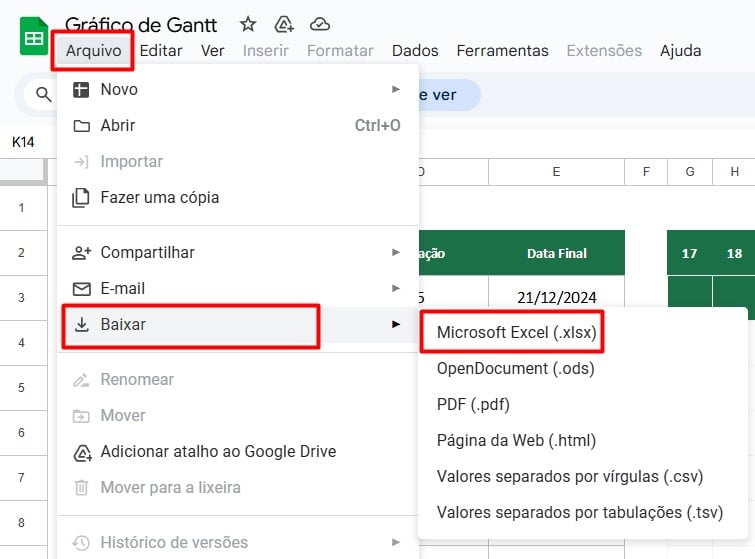 Baixando a Planilha em Excel 