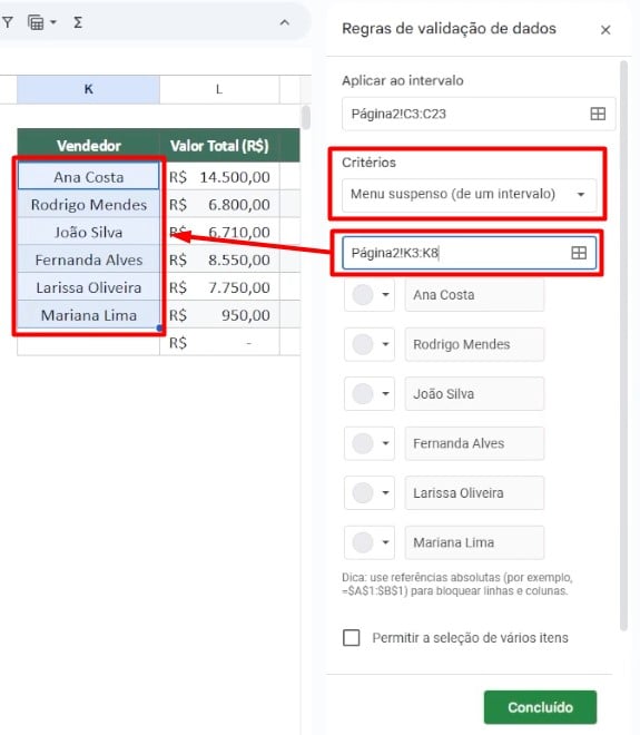 Configuração de Regras da Validação de Dados no Planilhas Google