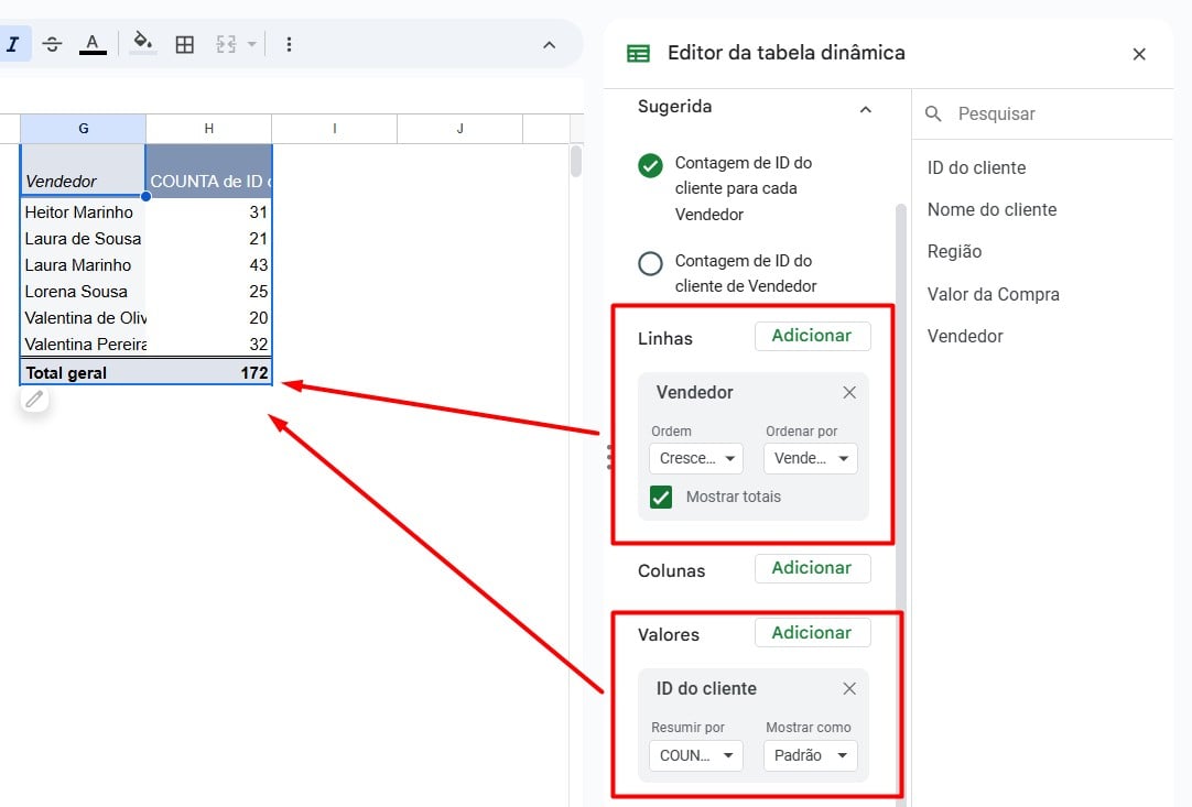 Configurando a Tabela Dinâmica no Google Planilhas