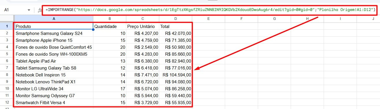 Resultado da Função IMPORTRANGE no Planilhas Google