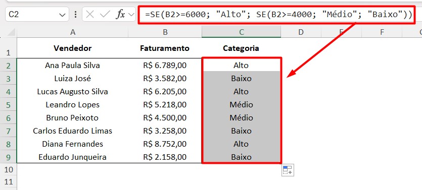 Resultado da Função SE no Excel