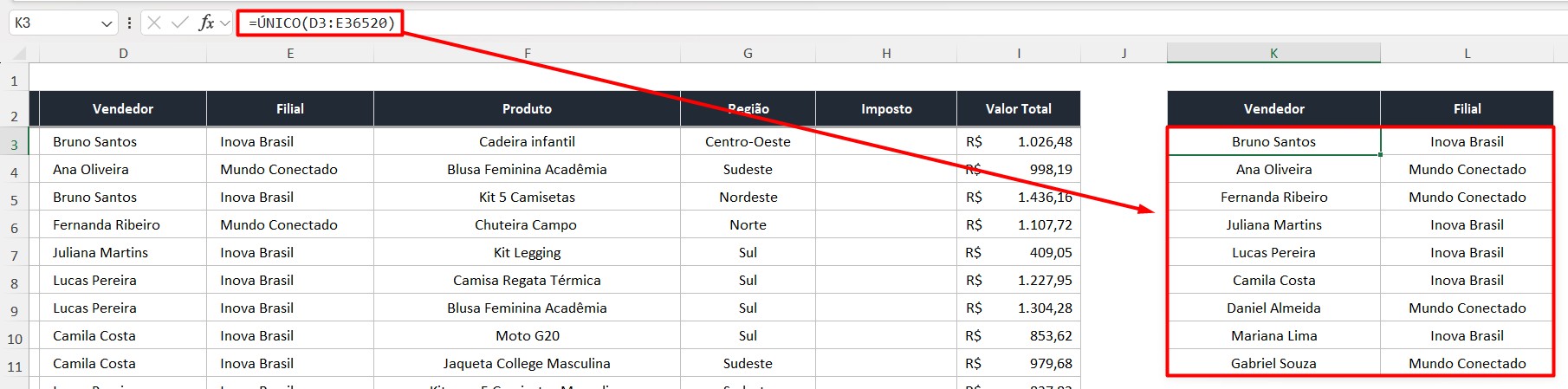 Resultado da Função ÚNICO no Excel