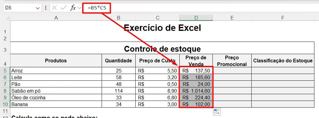 Resultado da Multiplicação no Excel