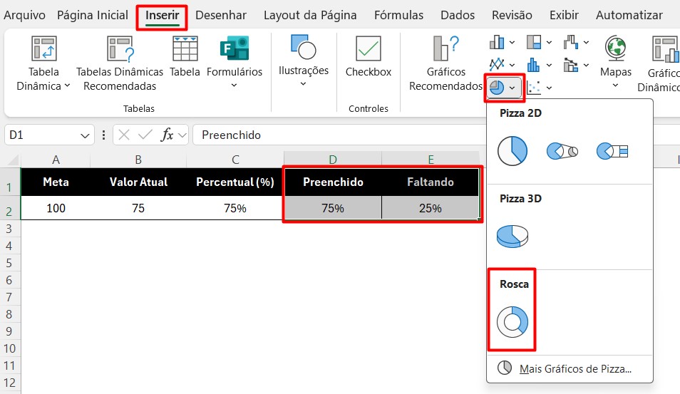 Inserindo Gráfico de Rosca no Excel