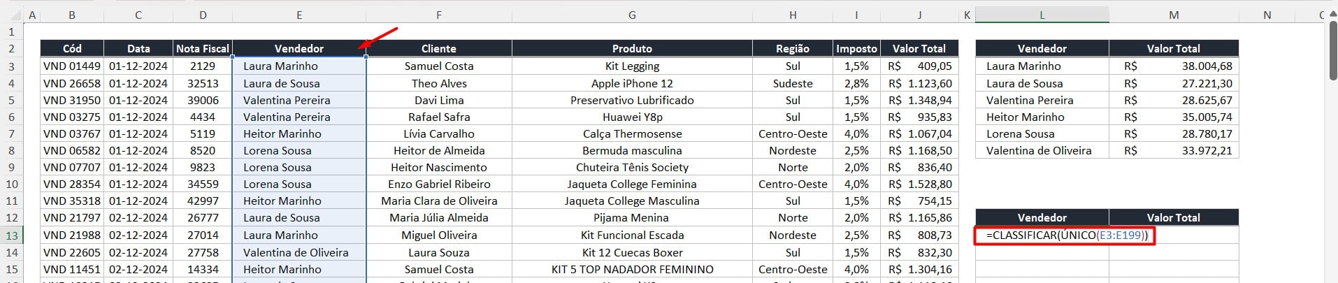 Aplicação das Funções CLASSIFICAR e ÚNICO no Excel