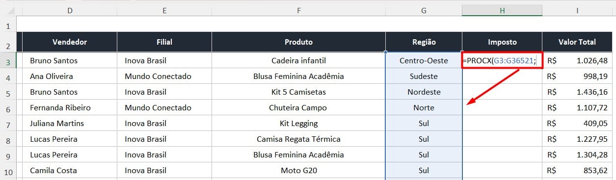 Aplicando a Função PROCX no Excel