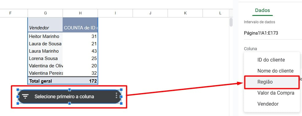 Escolhendo a Segmentação de Dados no Google Planilhas