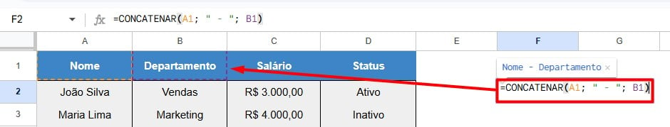 Função CONCATENAR no Google Sheets