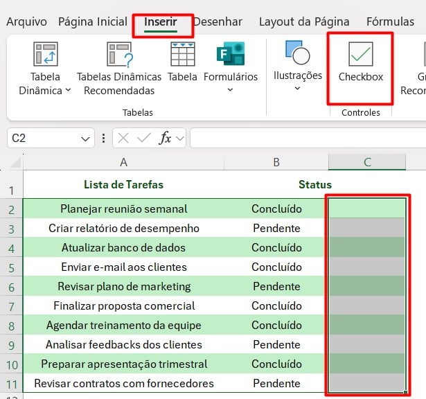 Inclusão de Checkbox no Excel