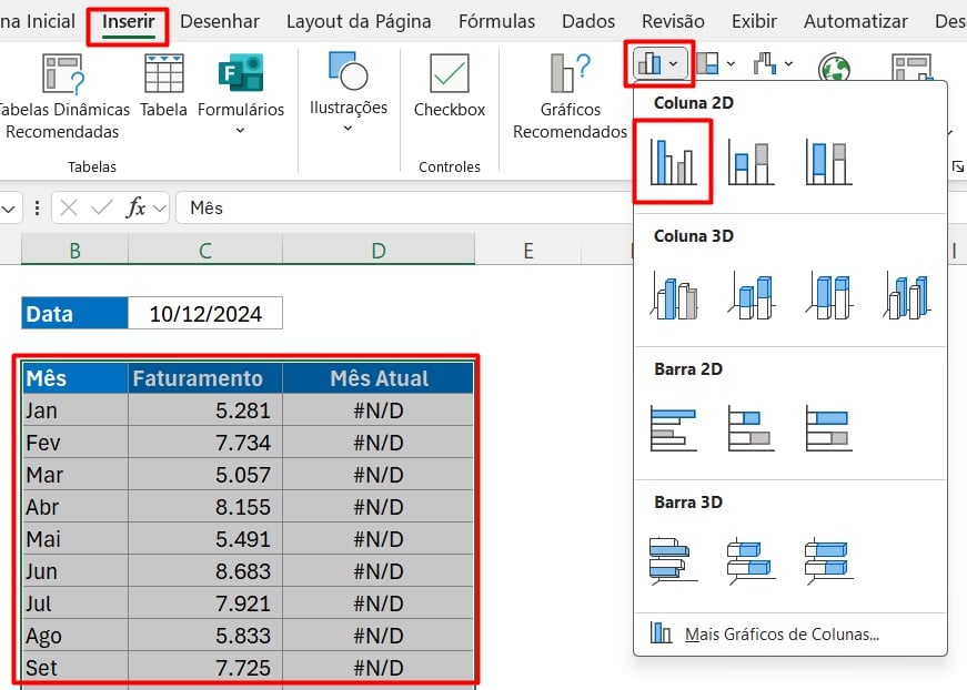 Inserindo Gráfico de Colunas no Excel